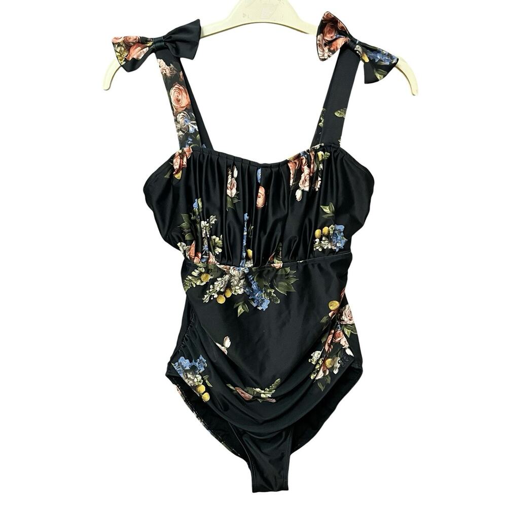 Albion Fit Ruched Bow One Piece Swimsuit Medium Rose Print Black Preppy AS IS